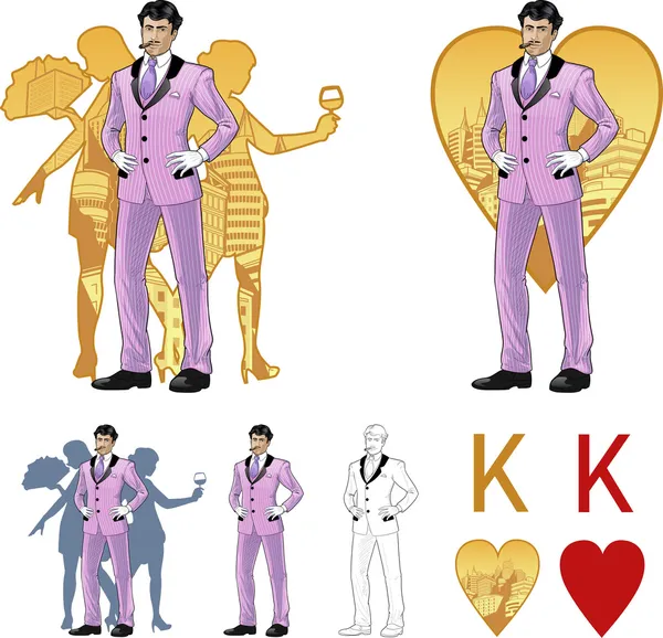 King of hearts attractive asian man with corps de ballet dancers silhouettes Mafia card set — Stock Vector