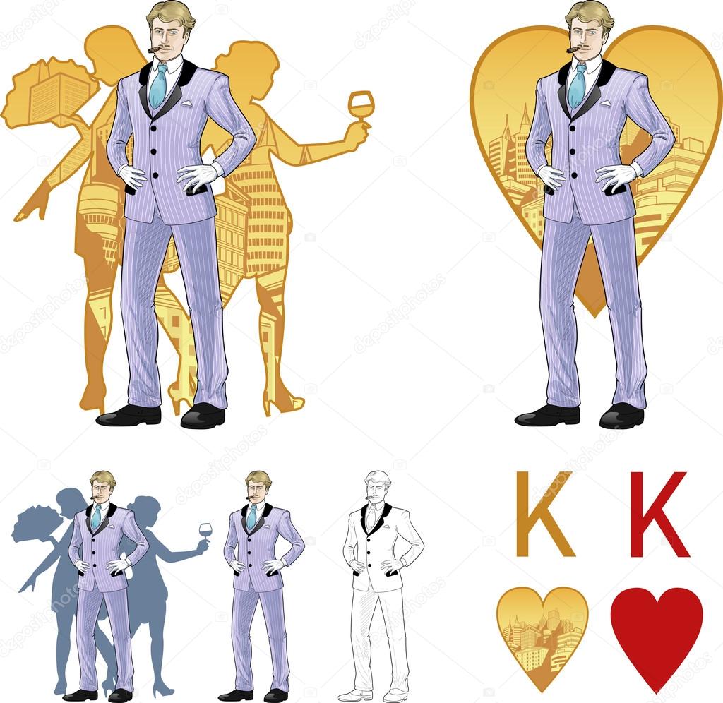 King of hearts attractive caucasian man with corps de ballet dancers silhouettes Mafia card set