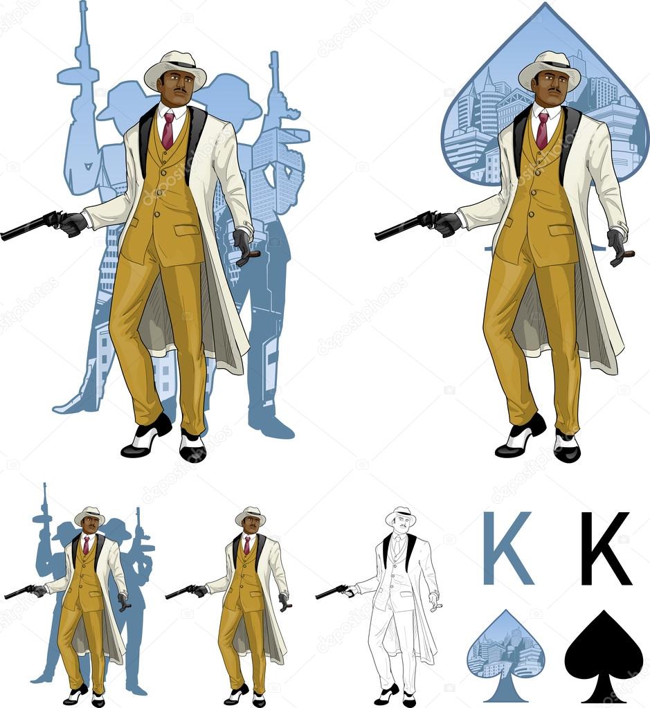 King of spades afroamerican mafioso godfather with crew silhouettes Mafia card set