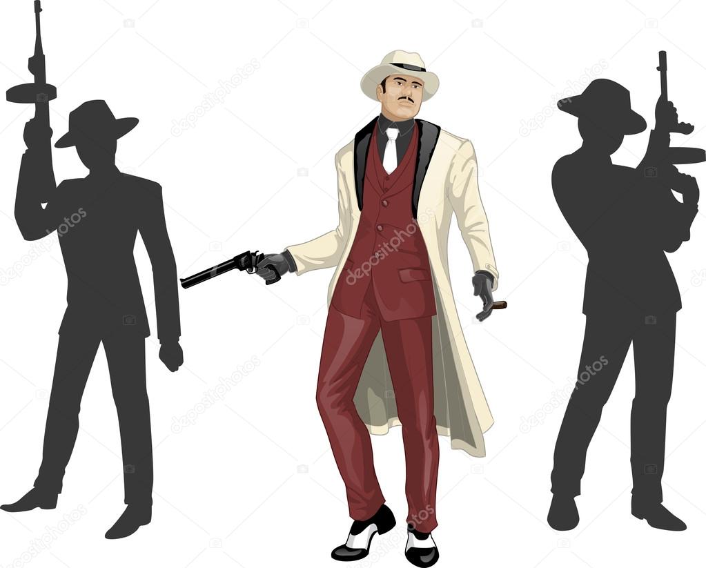 Asian mafioso godfather with crew silhouettes
