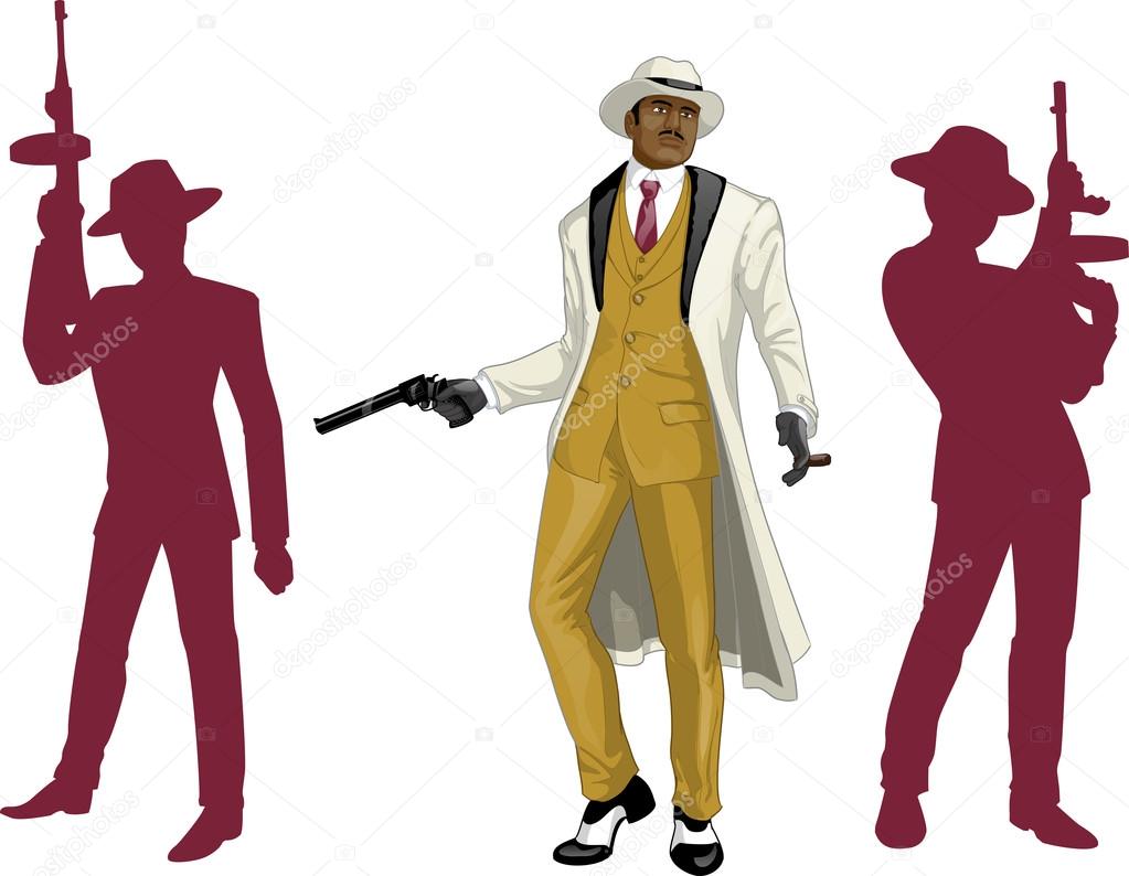 Afroamerican mafioso godfather with crew silhouettes