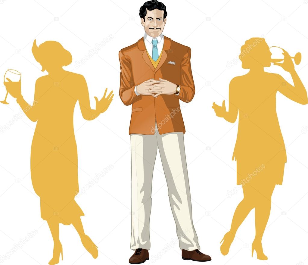 Caucasian male party host with female guests