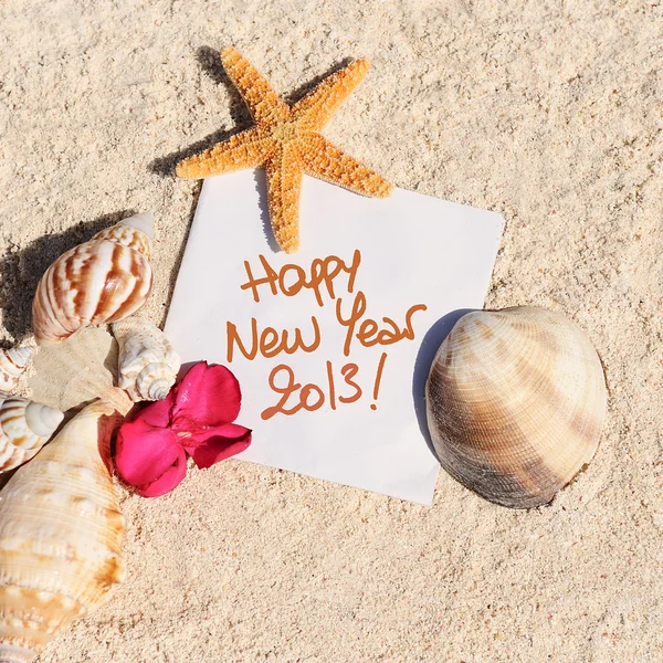 Blank paper beach sand starfish shells summer — Stock Photo, Image