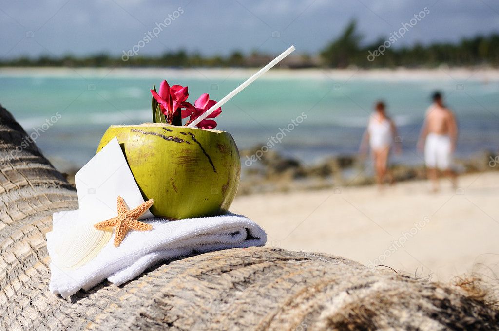 Caribbean paradise beach coconuts cocktail Stock Photo by ©ventdusud