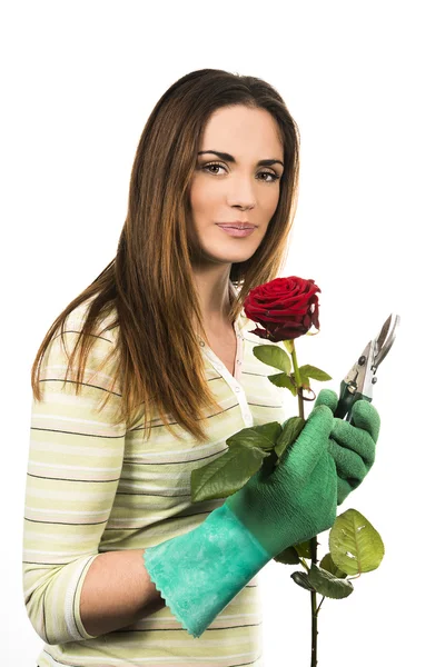 Woman worker with flowers. — Stock Photo, Image