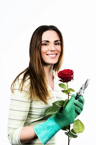 Woman worker with flowers. — Stock Photo, Image