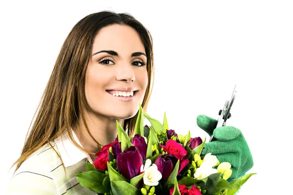 Mulher trabalhadora com flores . — Fotografia de Stock