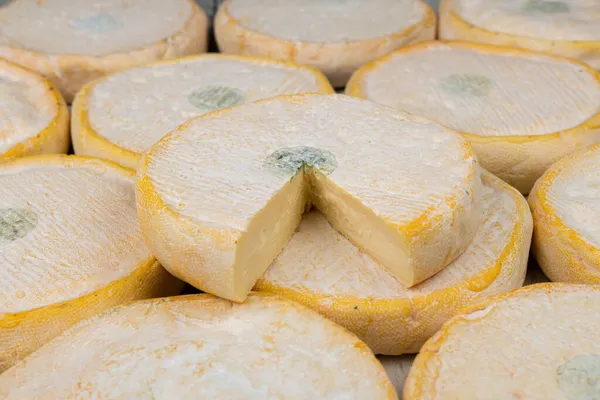 Tasted Original Mountain Cheese Named Reblochon Background — Stock Photo, Image