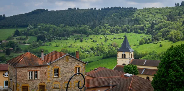 Типичная Деревня Французской Сельской Местности Весной Зеленой Травой Природными Холмами — стоковое фото