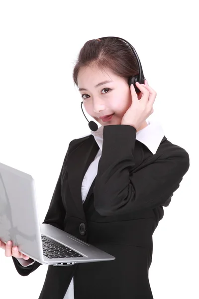 Mostrando a una mujer de negocios aislada en blanco — Foto de Stock