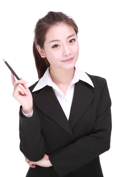 Junge Geschäftsfrau mit Stift Stockbild