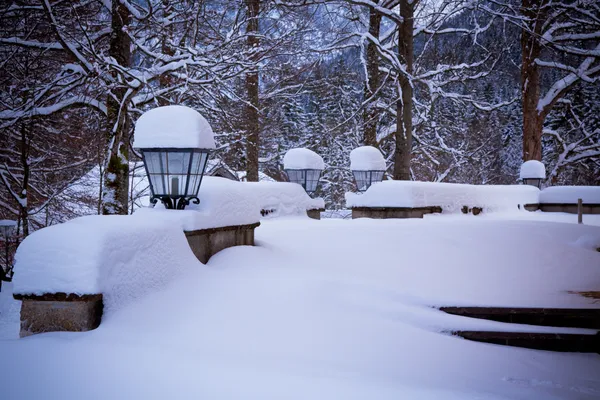 Besneeuwde lampen in de buurt van huis in het bos — Stockfoto