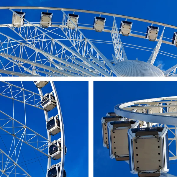 Kolaż duże koło obserwacyjne na tle błękitnego nieba — Zdjęcie stockowe