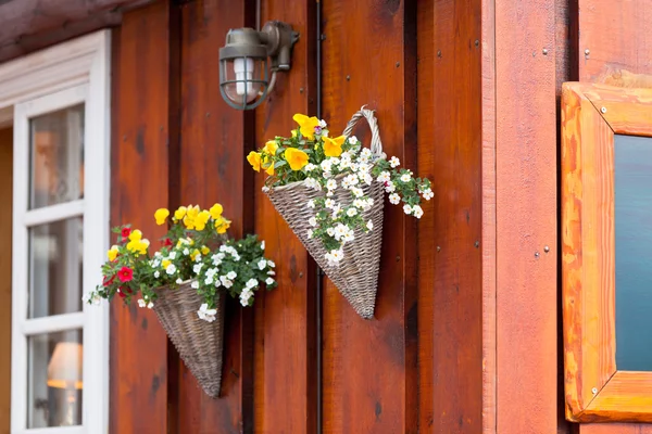 Flowers in wicker pots on a icelandic wooden house — Stock Photo, Image