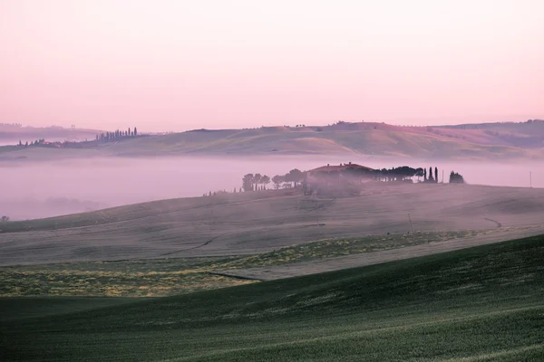 Утренний туман на ферме в Тоскане, Италия — стоковое фото