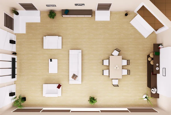 oturma odası iç üstten görünüm 3d render