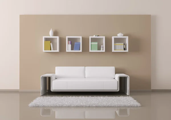 Интерьер комнаты с диваном и книжными полками 3D рендеринг — стоковое фото