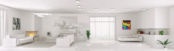 Λευκό διαμέρισμα Πανόραμα εσωτερικό 3d καθιστούν — Φωτογραφία Αρχείου