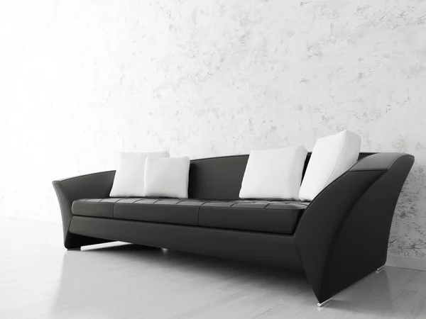 Wnętrza, czarna sofa — Zdjęcie stockowe