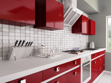 kırmızı mutfak modern iç 3d