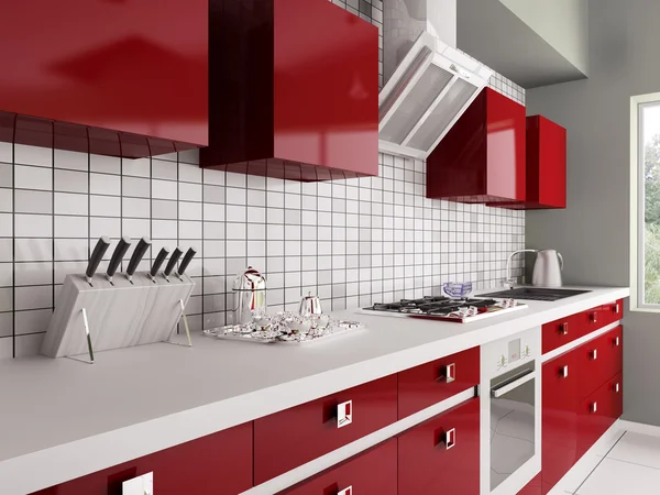 Moderno interior de la cocina roja 3d — Foto de Stock