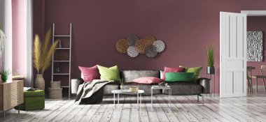 Modern iç dizayn oturma odası, siyah deri kanepe, kırmızı duvarlı daire, pencere ve kapı, ev tasarımı 3D