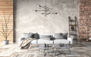 Çatı katının modern iç tasarımı, beyaz kanepeli endüstriyel oturma odası. Tuğla ve sıva duvarlı ev tasarımı. 3d oluşturma