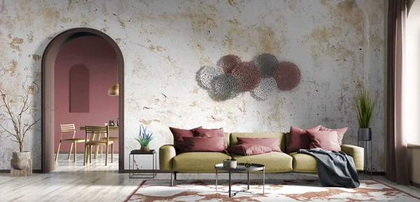 带有黄色沙发的客厅 带有混凝土填充物墙和拱门的公寓 家庭设计3D渲染的现代室内设计 — 图库照片