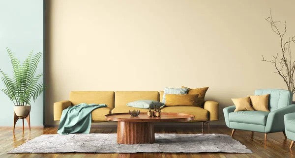 现代公寓的室内设计 现代客厅的黄色沙发 绿色扶手椅 室内设计的墙面模型 3D渲染 — 图库照片