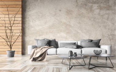 Modern minimalist çatı katı dairesinin iç tasarımı, bej kaplama duvarlı oturma odası ve ahşap panelli. Gri kanepeli ve mermer sehpalı ev tasarımı. Duvar modeli. 3d oluşturma