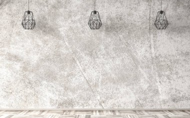 Boş oda içi arka plan, bej beton kaplama duvar ve parke ahşap zemin, asılı lambalar 3D