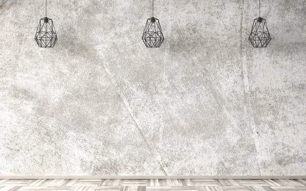 Boş oda içi arka plan, bej beton kaplama duvar ve parke ahşap zemin, asılı lambalar 3D