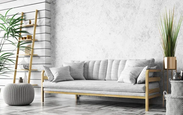 Design Interiores Moderna Sala Estar Com Sofá Branco Sobre Parede — Fotografia de Stock