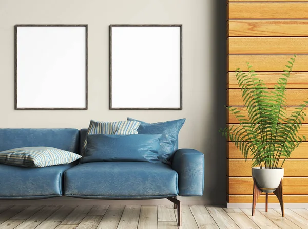 蓝色皮革沙发的现代客厅室内设计 木制镶板和模拟墙壁上的框架 家庭设计 3D渲染 — 图库照片