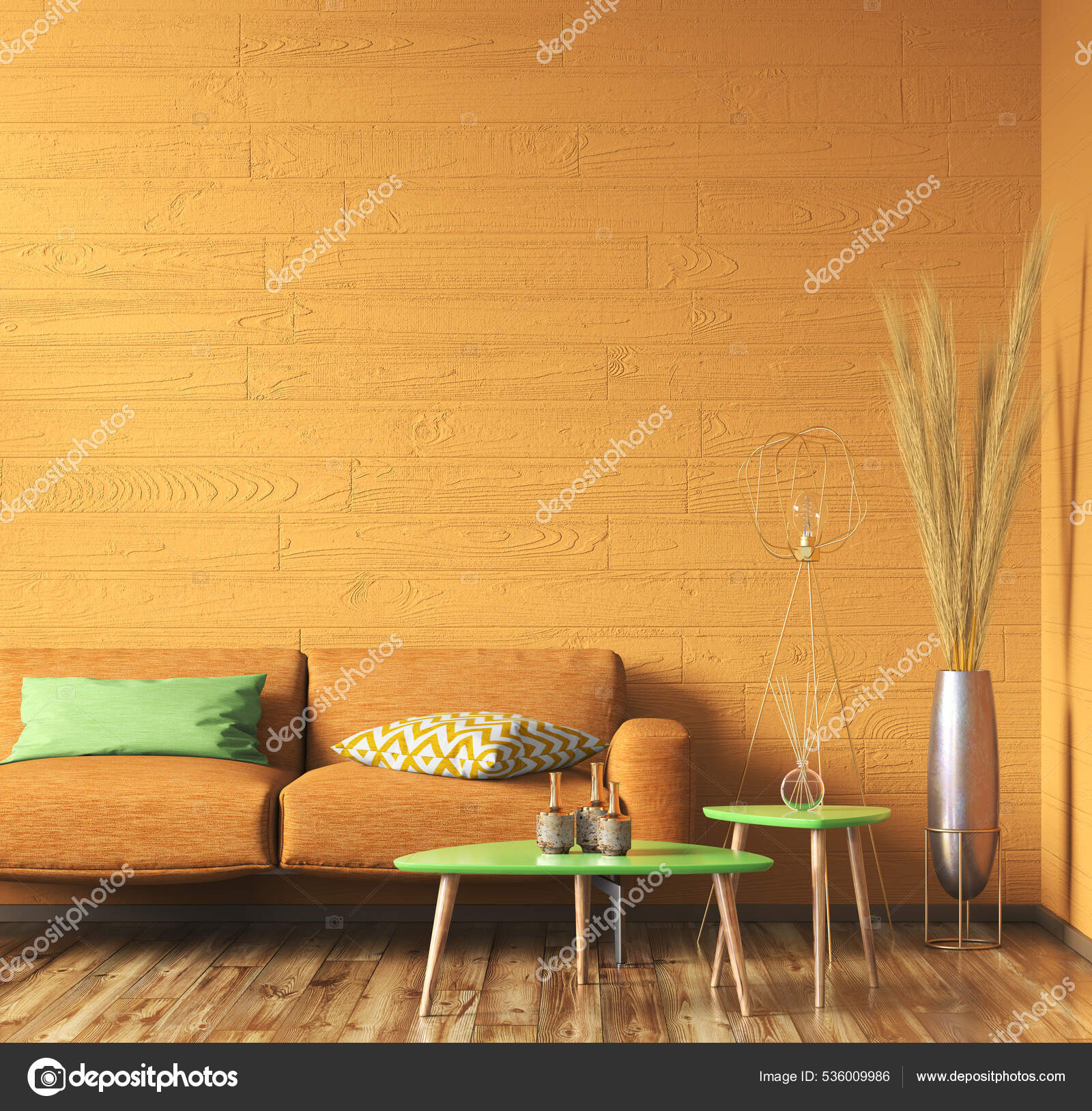 Maqueta de pared en sala de estar moderna con decoración sobre fondo de  pared de madera, representación 3d