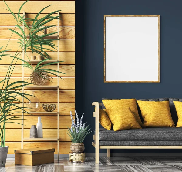 现代客厅的室内设计 用黑色沙发和黄色靠垫盖在深蓝色的墙壁上 附有海报 木制镶板 室内设计3D渲染 — 图库照片