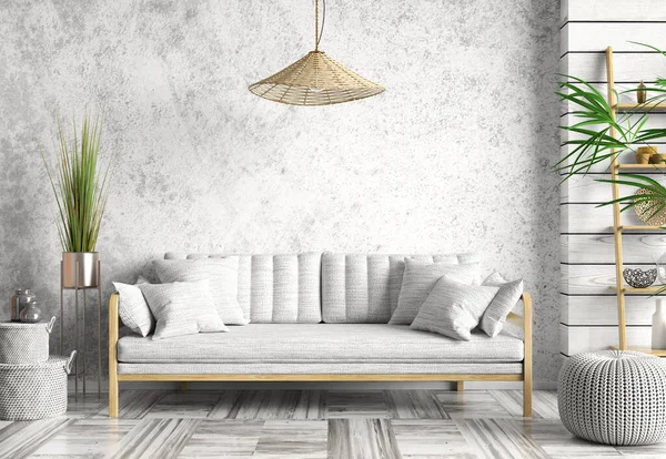 现代客厅的室内设计 白色沙发覆盖在木制嵌板的粉刷混凝土墙面上 室内设计3D渲染 — 图库照片