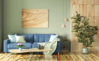 Modern dairenin iç tasarımı, çağdaş oturma odasında mavi kanepe, duvarda ahşap poster ve ahşap paneller, ev tasarımı. 3d oluşturma