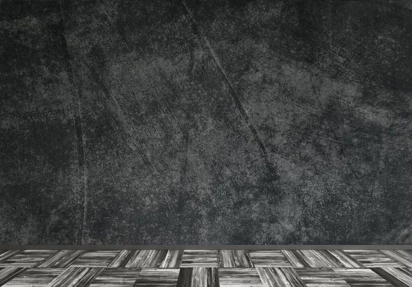 空房间室内背景图 黑色混凝土填充物模拟墙和木地板贴板3D渲染 — 图库照片