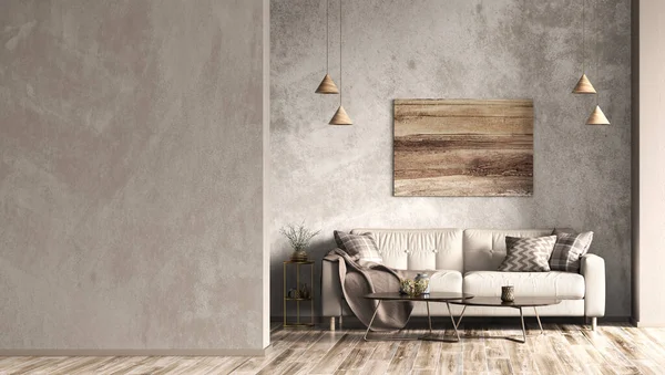 Interior design of modern apartment, beige sofa in contemporary living room, wooden poster on the concrete stucco wall and mock up background wall, home design. 3d rendering