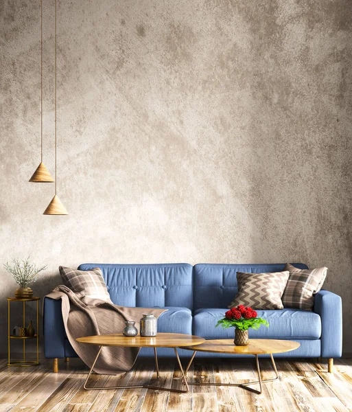 Interior Design Della Camera Moderna Divano Blu Soggiorno Contemporaneo Stucco — Foto Stock