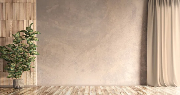 Empty Room Interior Background Beige Stucco Wall Wooden Floor Pot — Stock Photo, Image