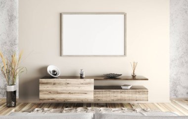 Ahşap büfeli ve posterli modern oturma odası tasarımı. Ev içi arka plan. Bej duvardaki boş çerçeve. 3d oluşturma