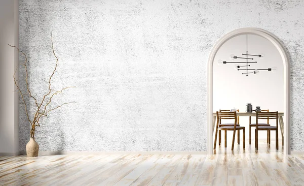 Empty room interior background, white concrete or stucco wall, arch door to dining room. Wooden floor, vase with branch. Mock up plaster wall with copy space. Home design. 3d rendering