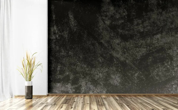 Empty room interior background, black stucco or concrete mock up wall. Wooden flooring. Decorative vase with grass. Home mock up design. 3d rendering