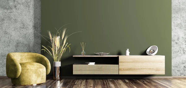 緑の壁に木製のサイドボードとモダンなリビングルームのインテリア テレビスタンドとアームチェア付きの居心地の良い現代的な部屋 ホームデザインの背景 3Dレンダリング — ストック写真