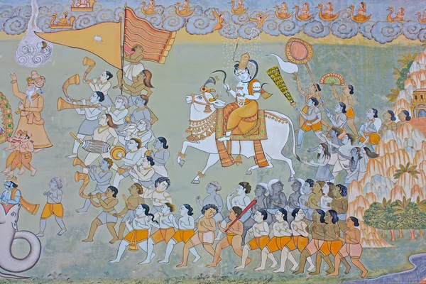 Bunte indische Wandbild in der Festung in Jodhpur zeigt eine königliche Prozession, einschließlich Elefant und Höflinge aus der Rajput-Ära — Stockfoto