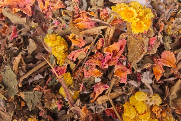 Сушене зелене листя чаю зі скибочками полуниці, квітів і цитрусових — стокове фото