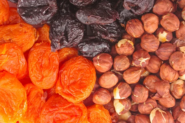 Dried fruits and hazelnuts backgtound Dried fruits and hazelnuts backgtound — Stock Photo, Image
