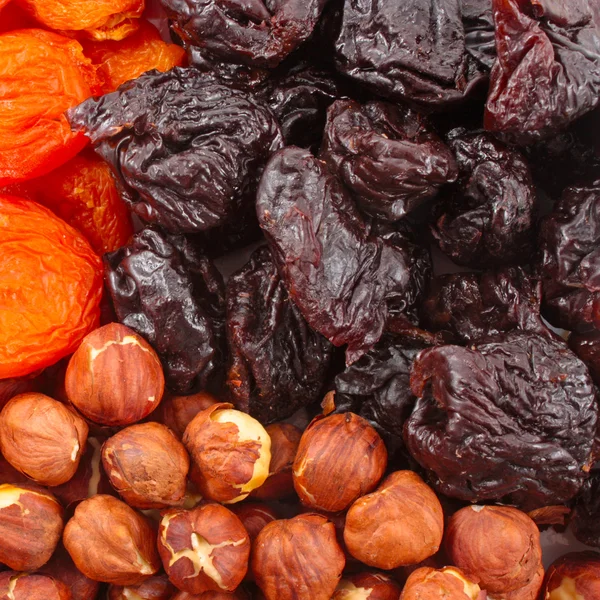 Dried fruits and hazelnuts backgtound Dried fruits and hazelnuts backgtound — Stock Photo, Image